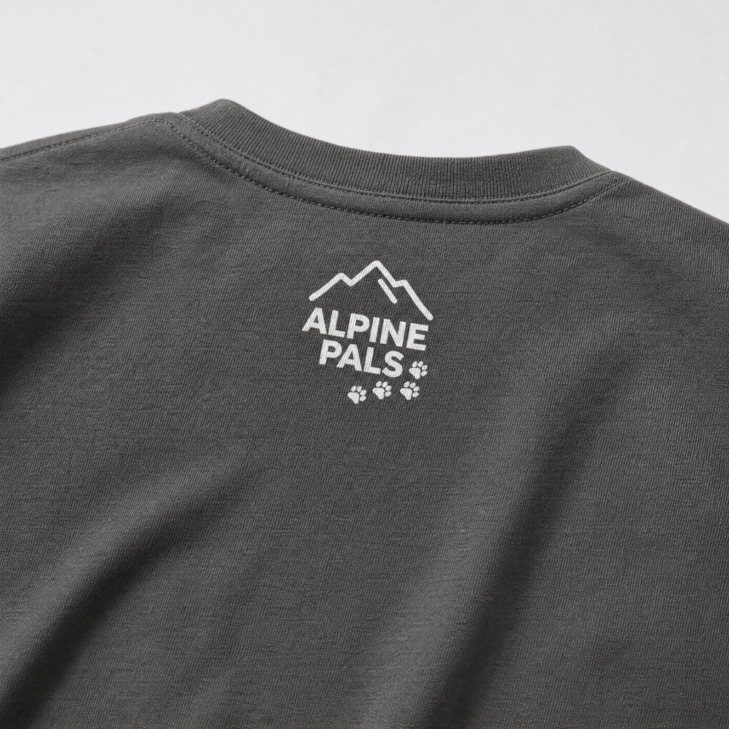 Pepper gray shirt with 'Alpine Pals' logo on a light gray background