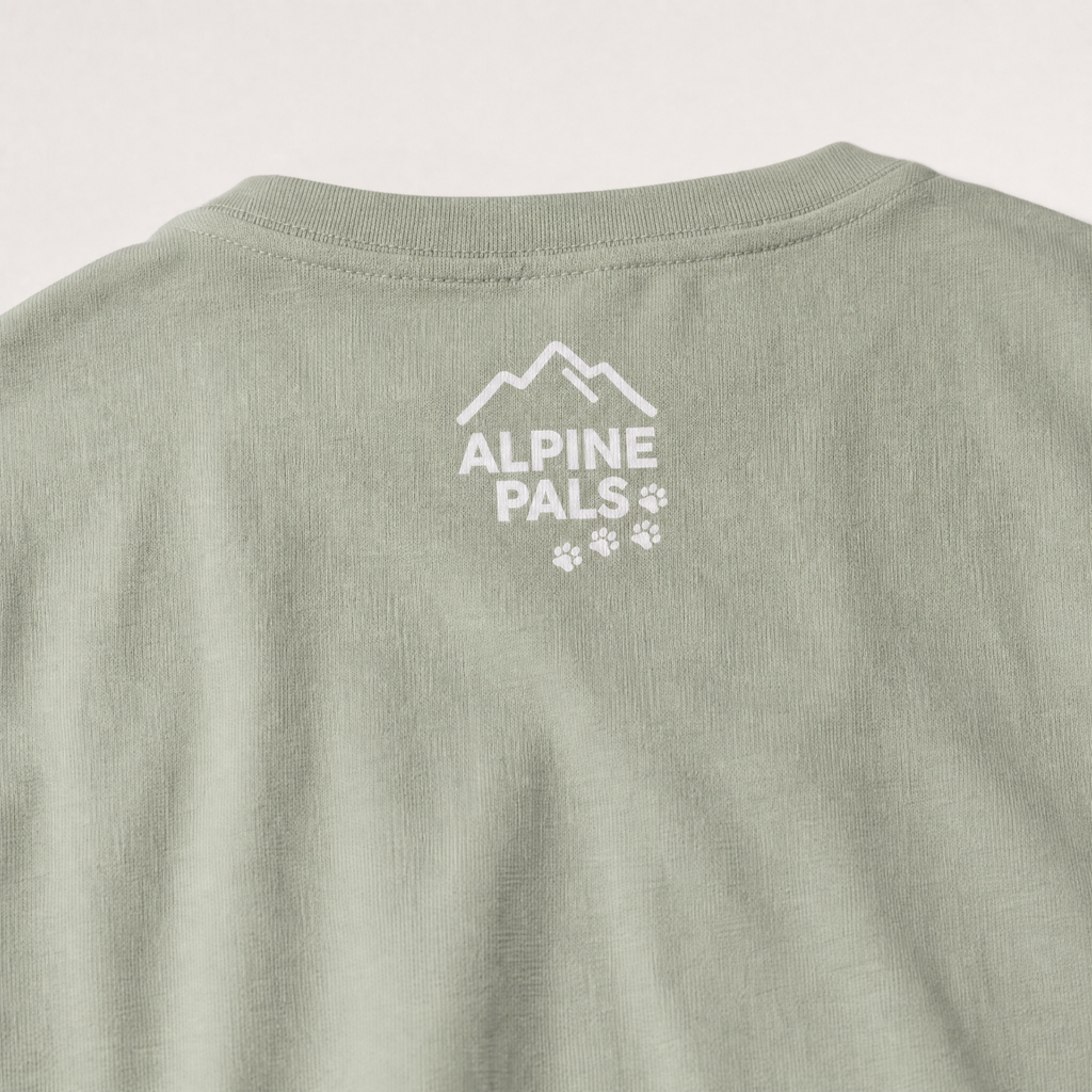 Bay green t-shirt with 'Alpine Pals' logo on a light gray background