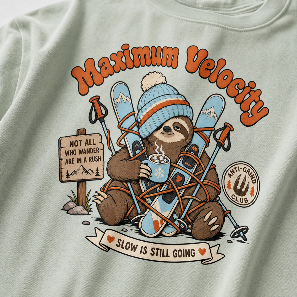 T-shirt with a sloth illustration holding skis and a sign that says 'Maximum Velocity'.