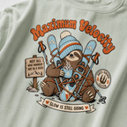 T-shirt with a sloth illustration holding skis and a sign that says 'Maximum Velocity'.