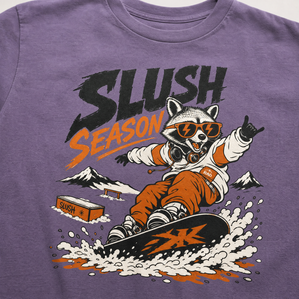 Purple t-shirt with a graphic of a raccoon snowboarding and 'Slush Season' text on a white background.