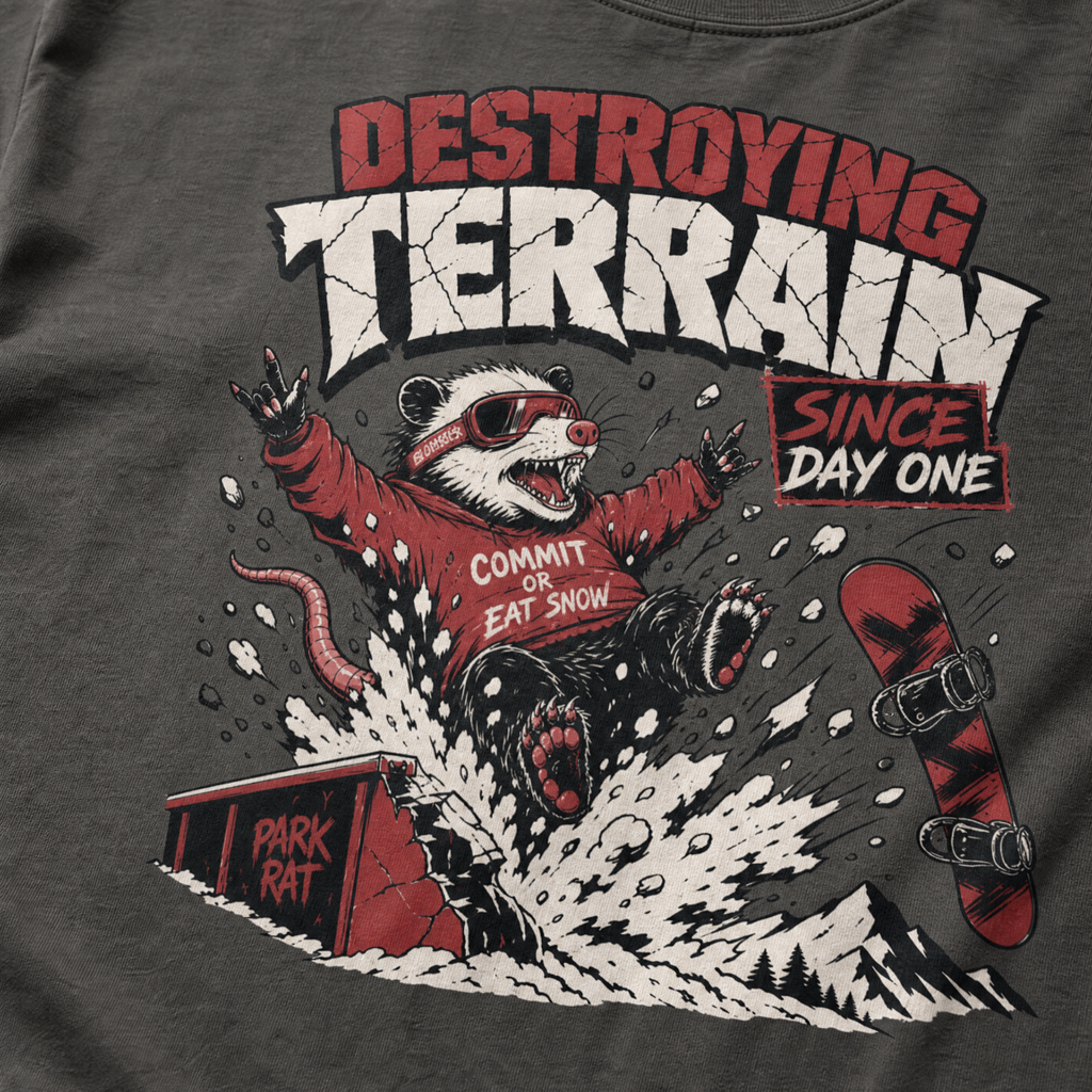 T-shirt with a graphic of a rat wearing goggles and a red jacket, with text 'Destroying Terrain Since Day One' on a dark gray background.
