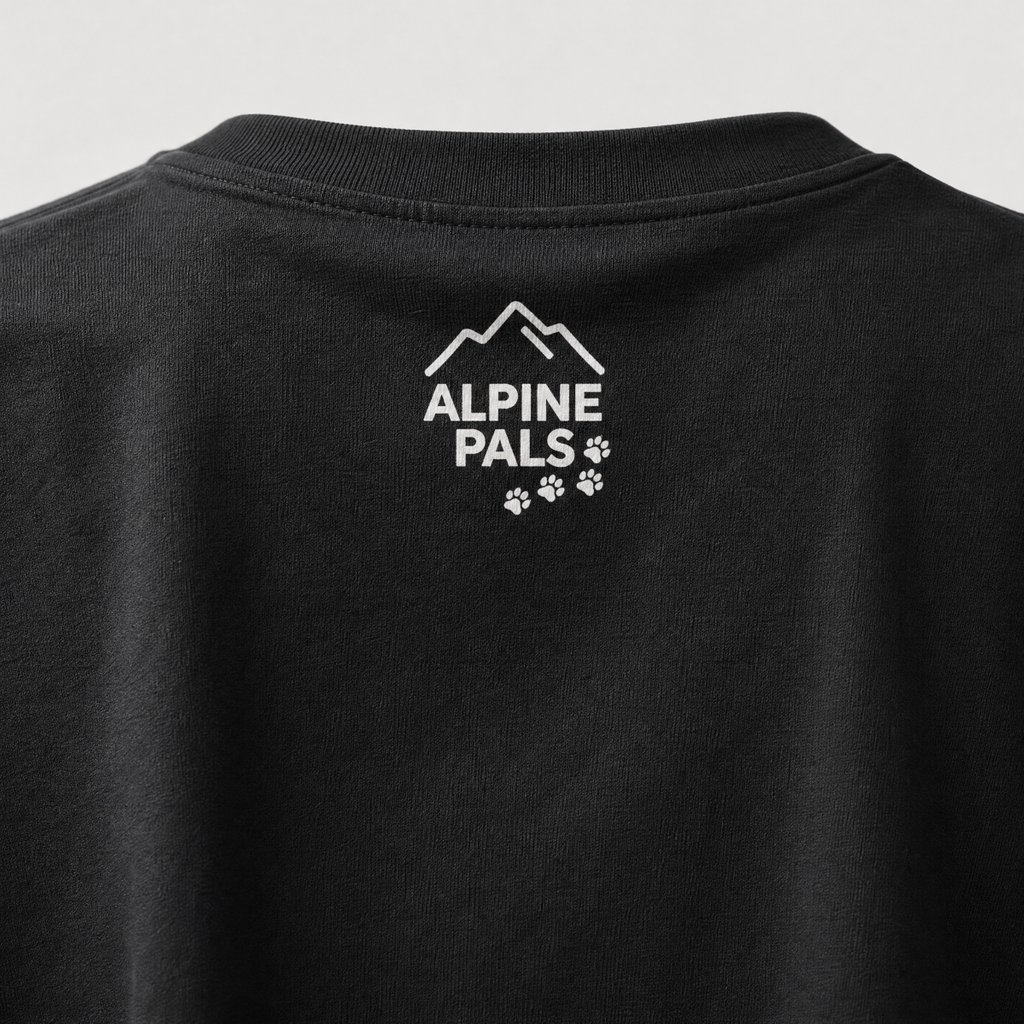 Black shirt with 'Alpine Pals' logo on a light gray background