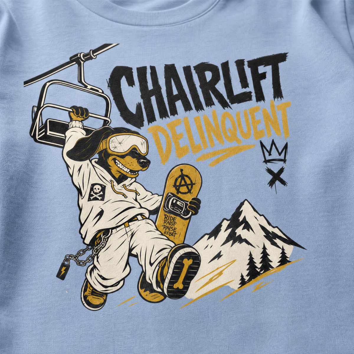 T-shirt with a graphic of a dog holding a snowboard and chairlift, with text 'Chairlift Delinquent' on a light blue background.