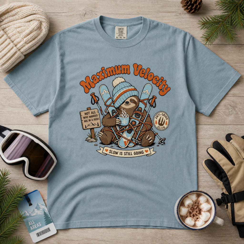Ice blue colored t-shirt with a sloth graphic and 'Maximum Velocity' text on a wooden surface with winter accessories.