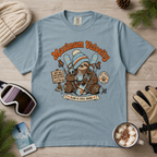 Ice blue colored t-shirt with a sloth graphic and 'Maximum Velocity' text on a wooden surface with winter accessories.