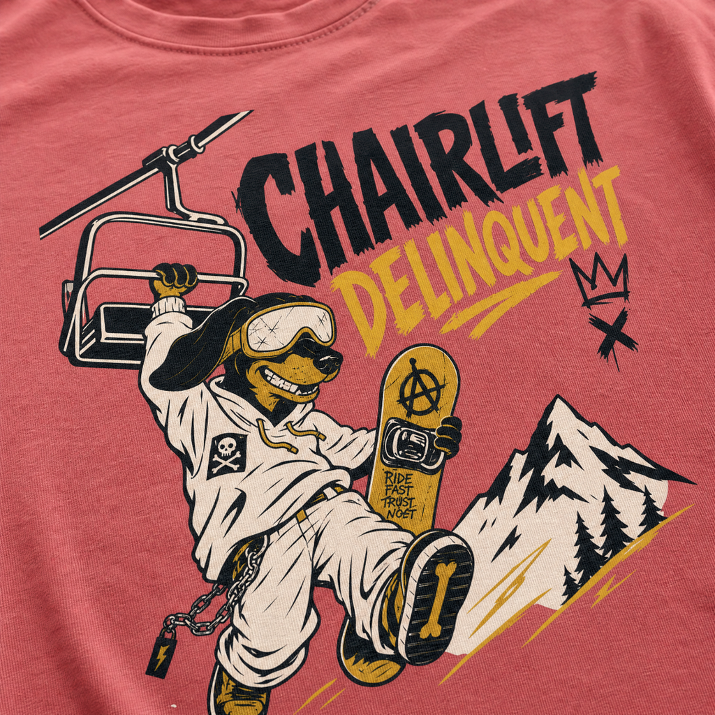 T-shirt with a graphic of a skier, chairlift, and mountain on a red background