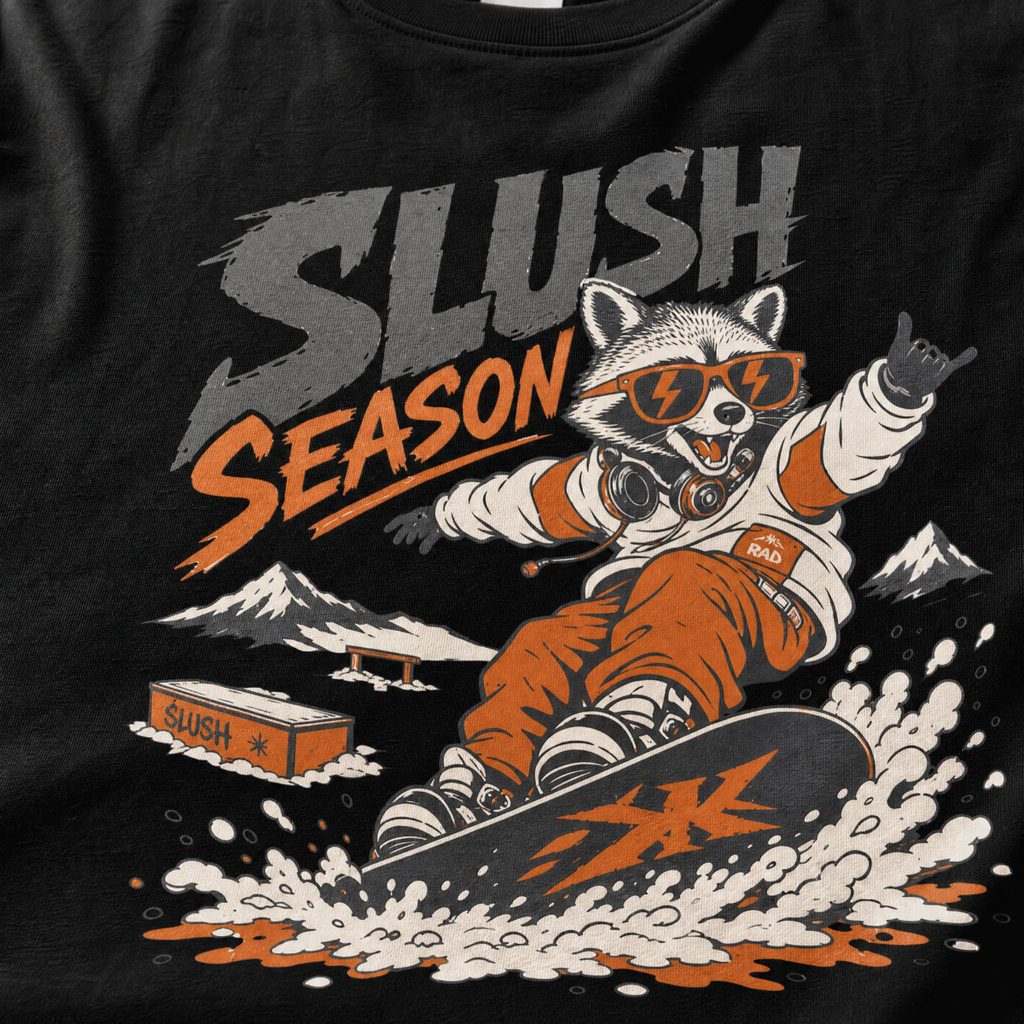 Black t-shirt with a graphic of a raccoon snowboarding and 'Slush Season' text.