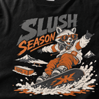 Black t-shirt with a graphic of a raccoon snowboarding and 'Slush Season' text.