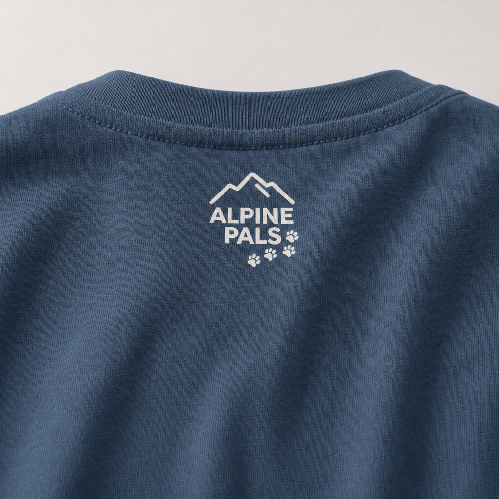 Midnight blue fabric with 'Alpine Pals' logo on a light gray background