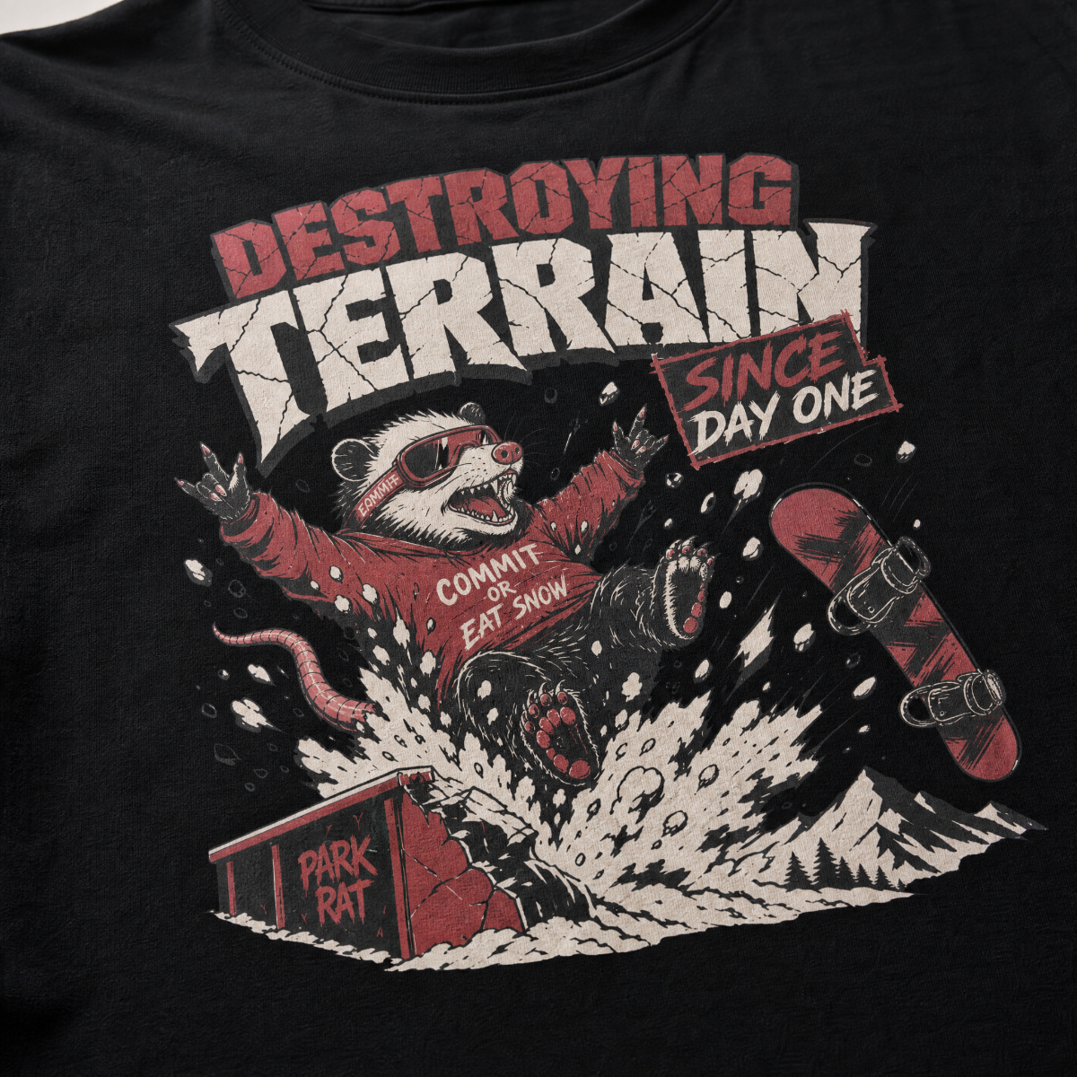 Black t-shirt with a graphic of a snowboarding rat and text 'Destroying Terrain Since Day One' on a black background.