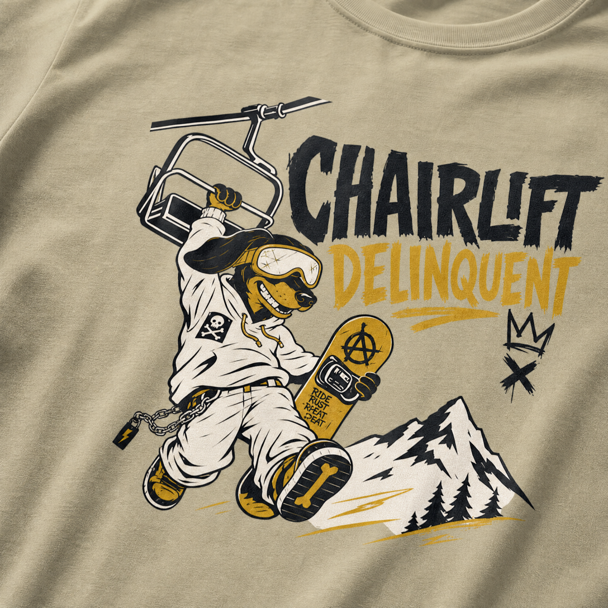T-shirt with a graphic of a snowboarding dog holding a ski lift and the text 'Chairlift Delinquent' on a beige background.