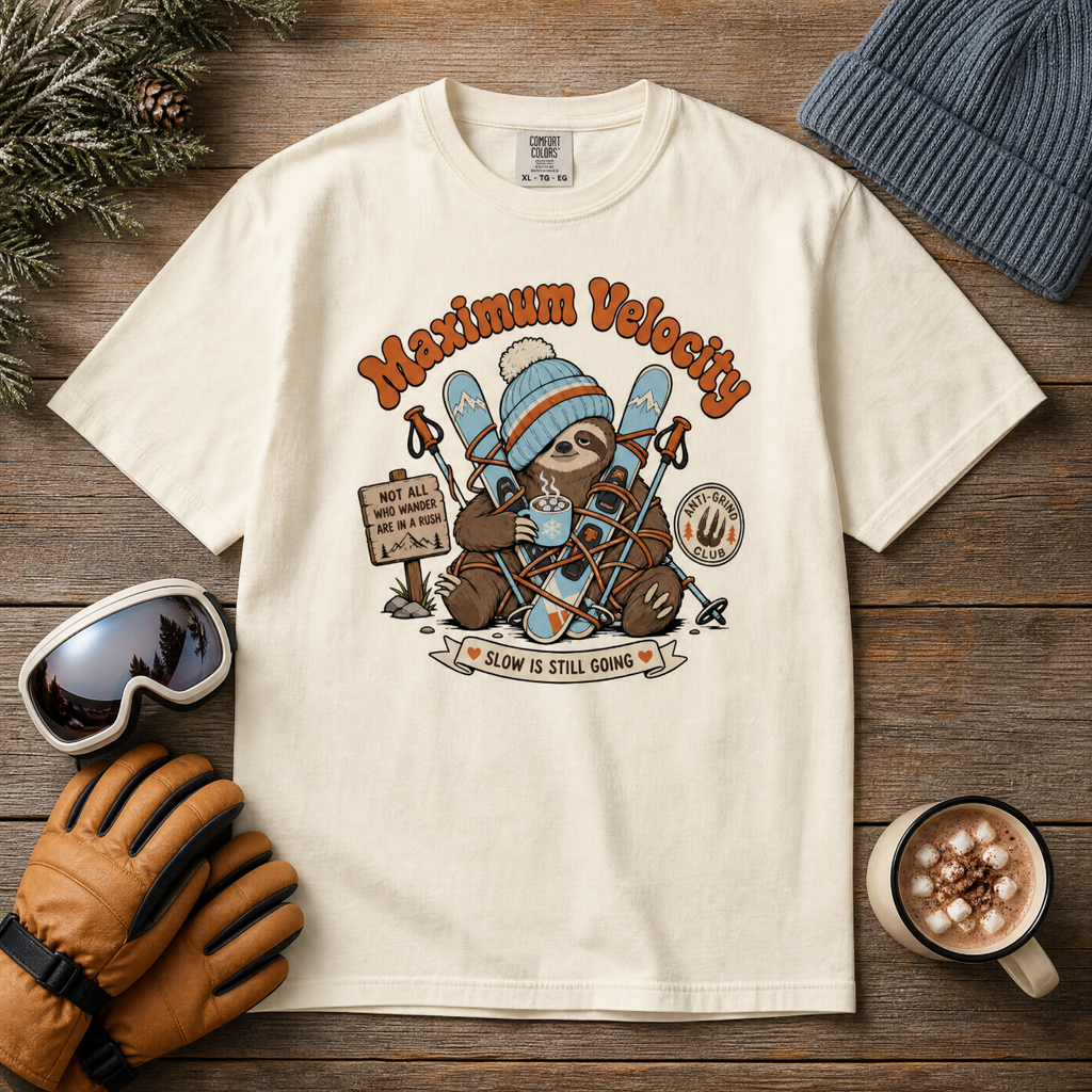 Ivory colored t-shirt with a sloth graphic and 'Maximum Velocity' text on a wooden surface with winter accessories.