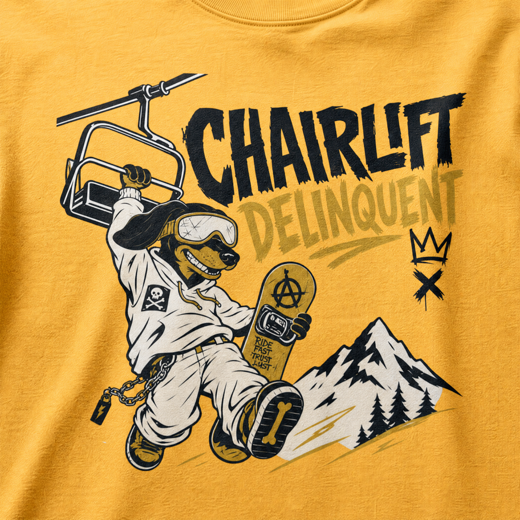 Mustard yellow t-shirt with a graphic of a skier and 'Chairlift Delinquent' text on a yellow background