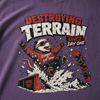 T-shirt with a graphic of a snowboarding rat and text on a purple background