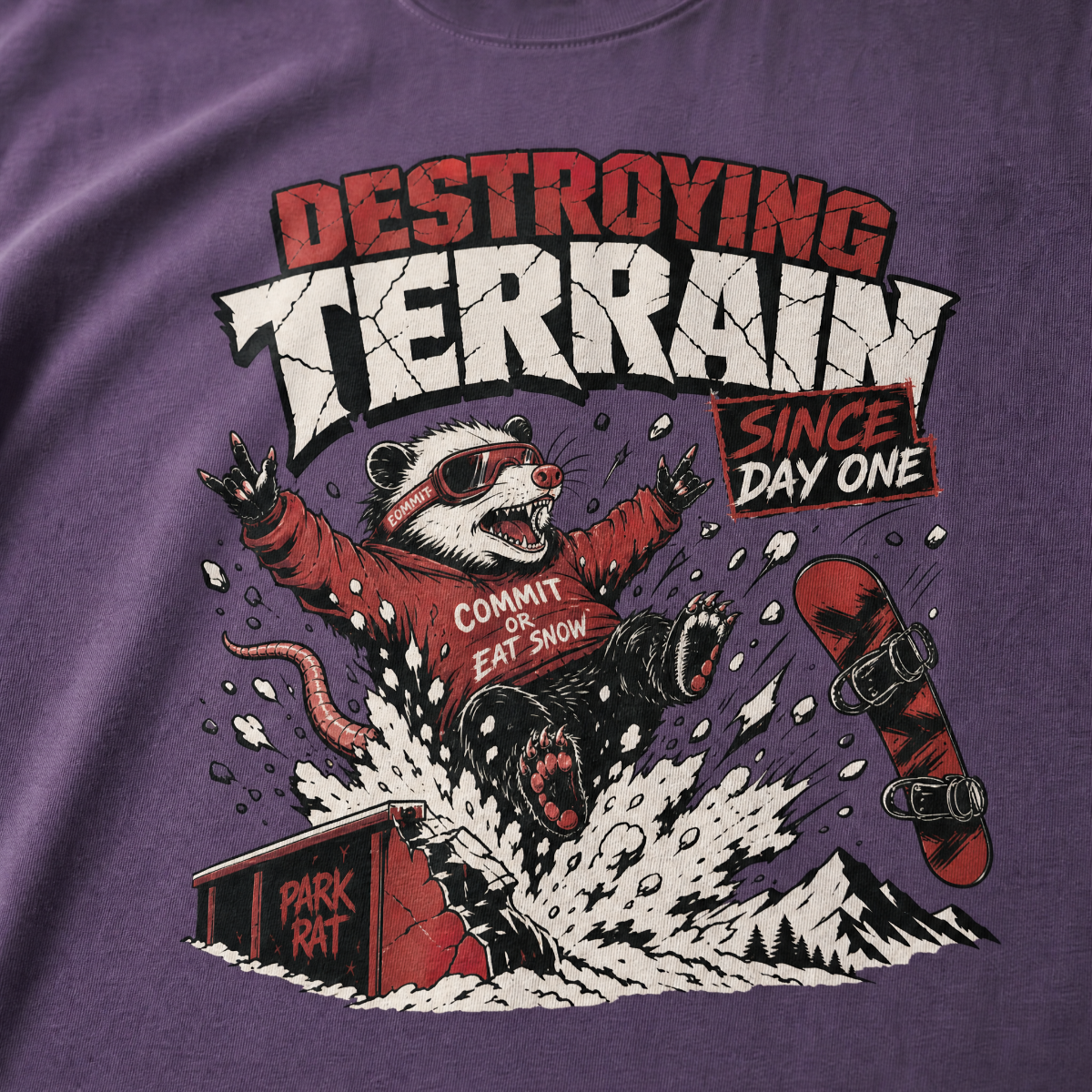 T-shirt with a graphic of a snowboarding rat and text on a purple background
