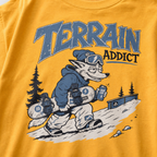 T-shirt with a cartoon fox character and 'Terrain Addict' text on a Mustard yellow background