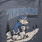 T-shirt with a cartoon character and 'Terrain Addict' text on a Denim gray background