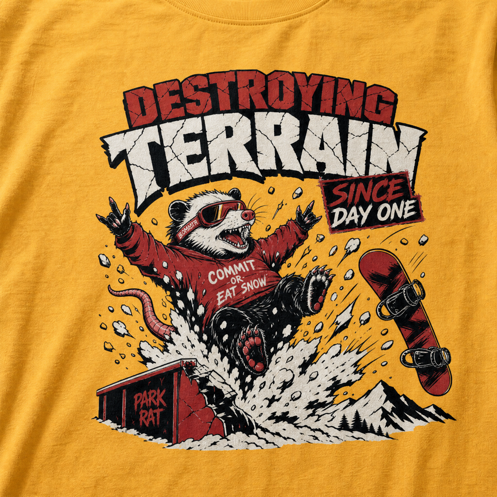 T-shirt with a graphic of a snowboarding rat and text on a yellow background