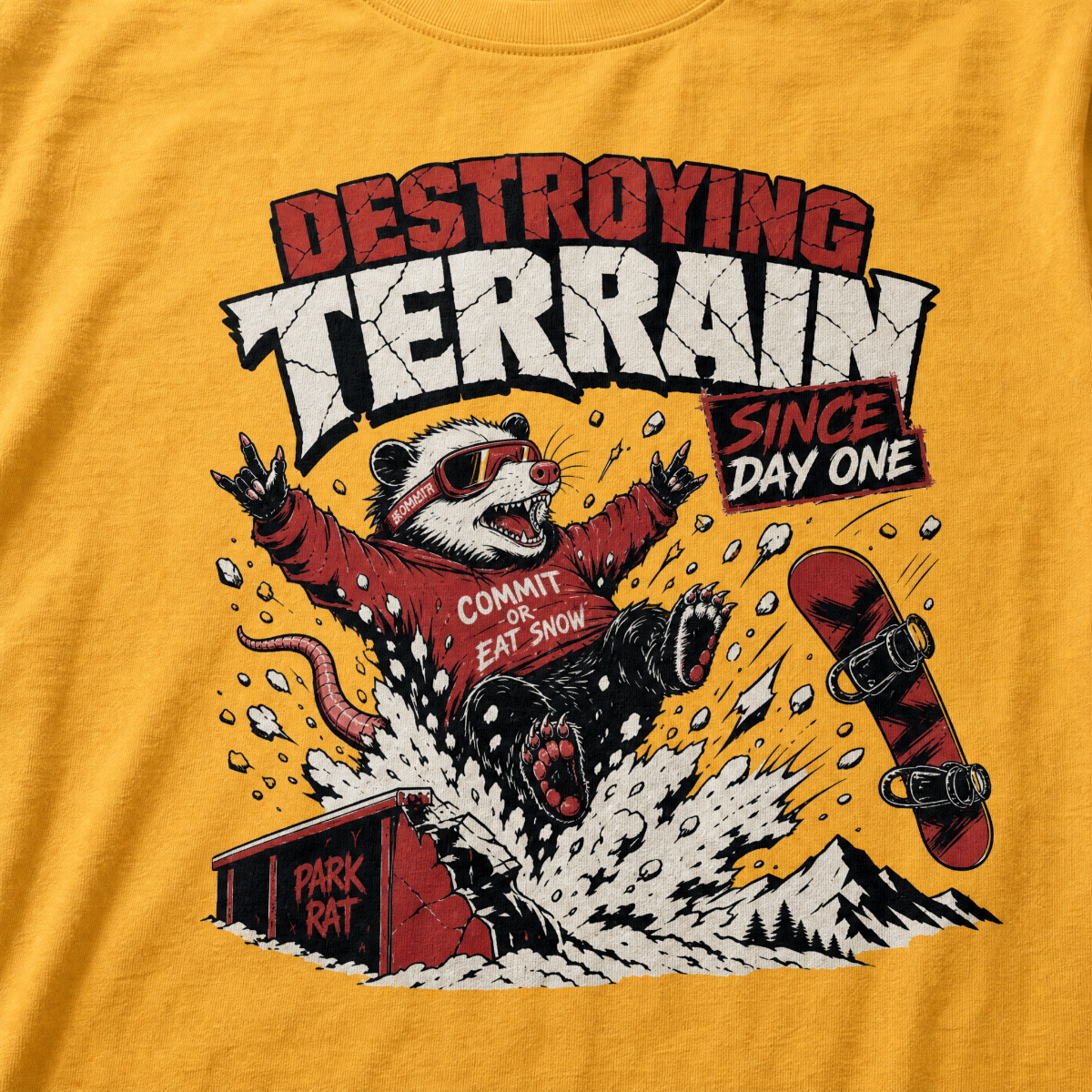 T-shirt with a graphic of a snowboarding rat and text on a yellow background
