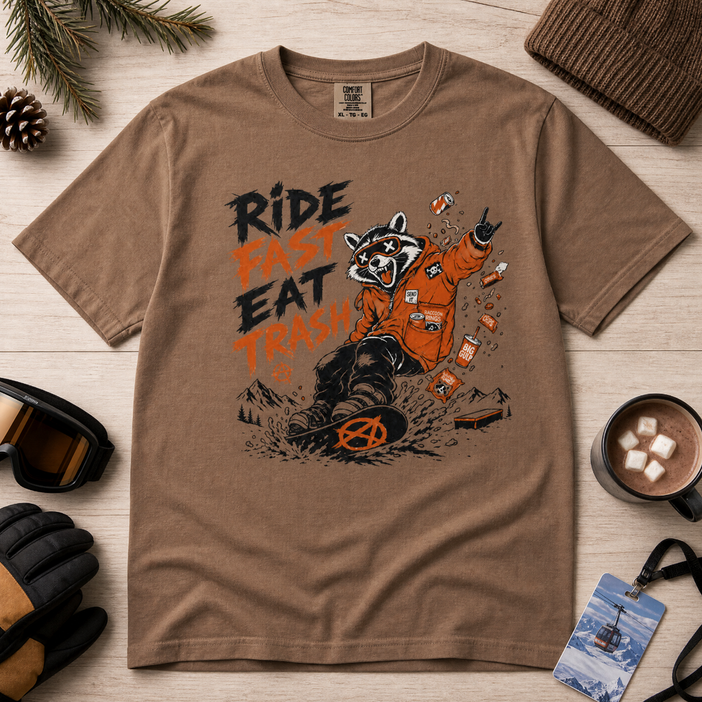 Espresso brown t-shirt with a graphic of a raccoon in an orange jumpsuit and text 'Ride Fast Eat Trash' on a wooden surface.