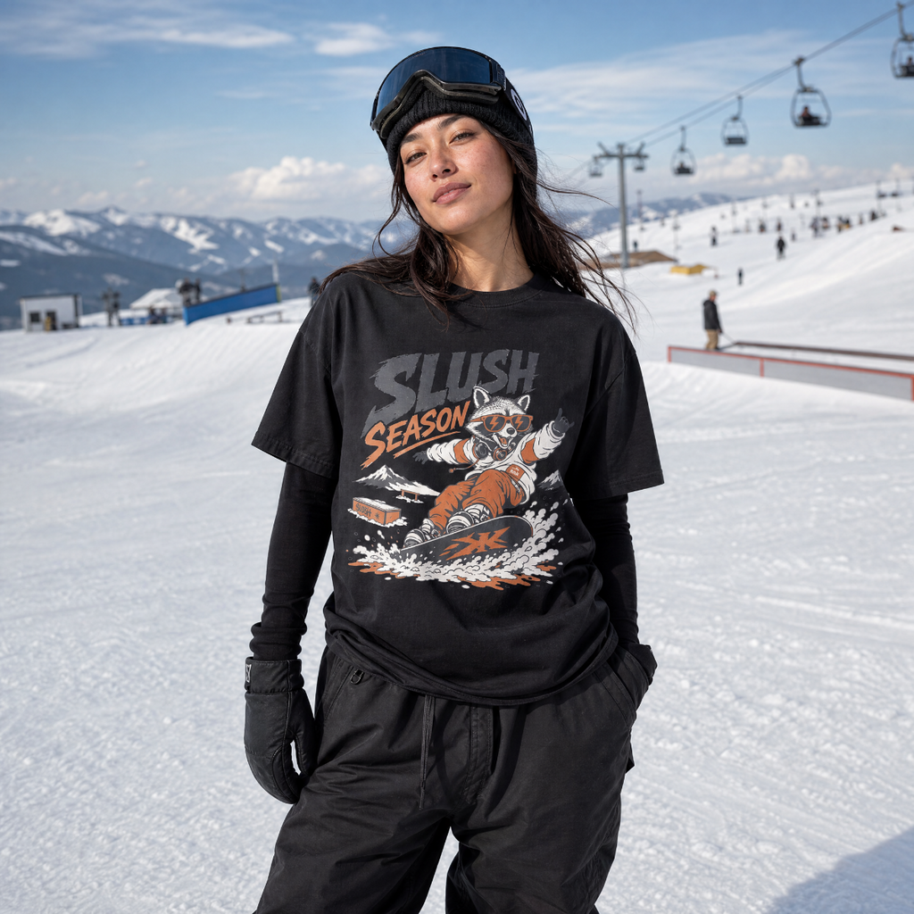 Person wearing a black t-shirt with 'Slush Season' graphic on a snowy mountain background