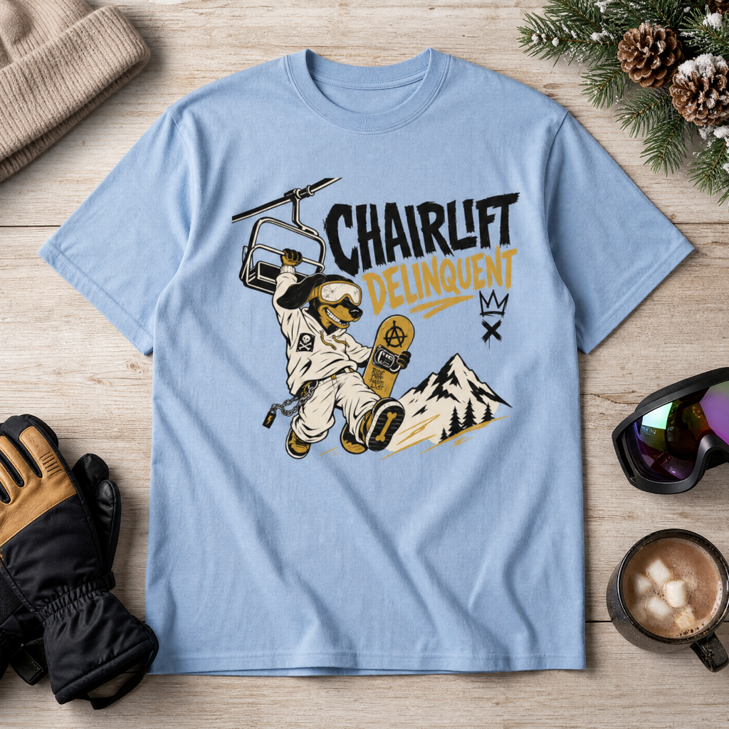 Washed denim blue t-shirt with a graphic design of a skier on a chairlift, surrounded by winter accessories on a wooden surface.