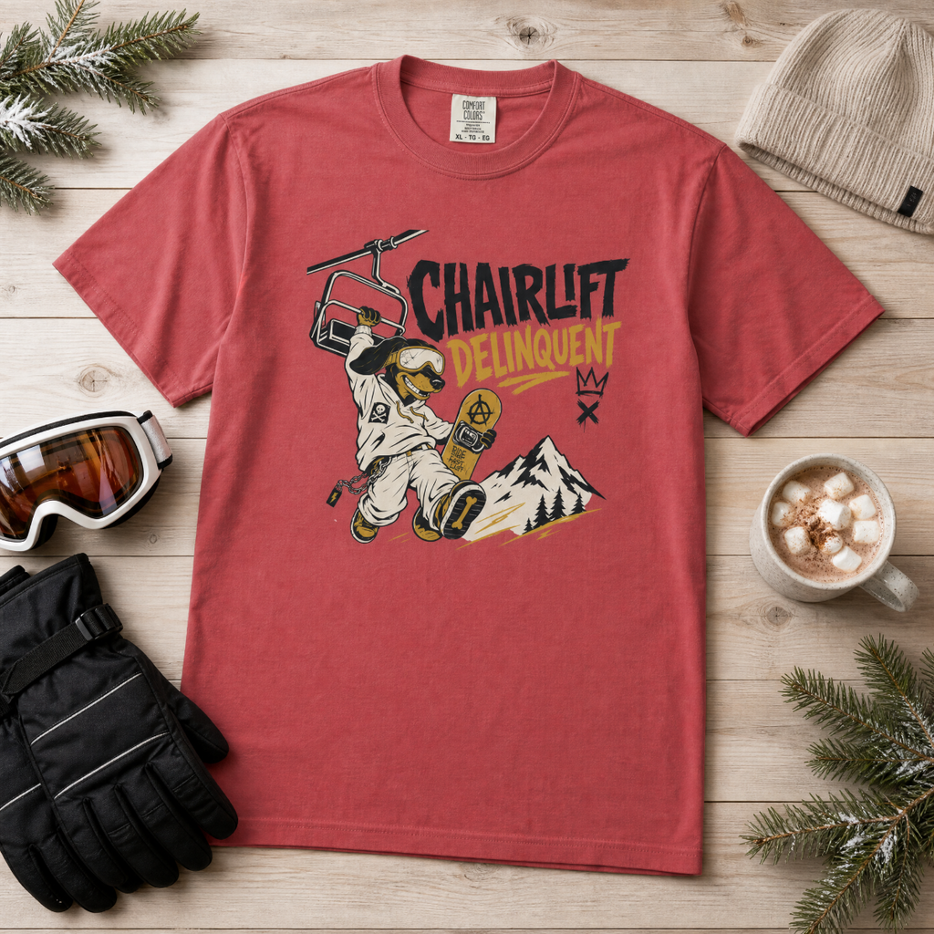 Crimson red t-shirt with a graphic design on a wooden surface with winter accessories.