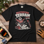 Black t-shirt with a graphic design of a sloth on a wooden surface with winter accessories.