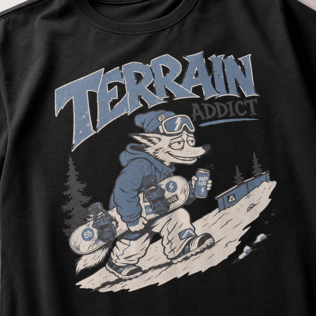 Black t-shirt with a graphic of a snowboarder and 'Terrain Addict' text on a black background