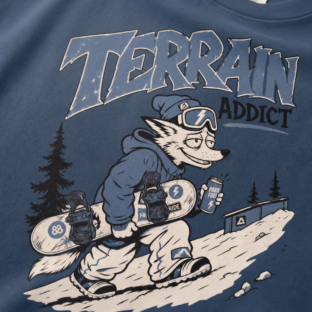 T-shirt with a fox character holding a snowboard and a can, with 'Terrain Addict' text on a Midnight blue background.