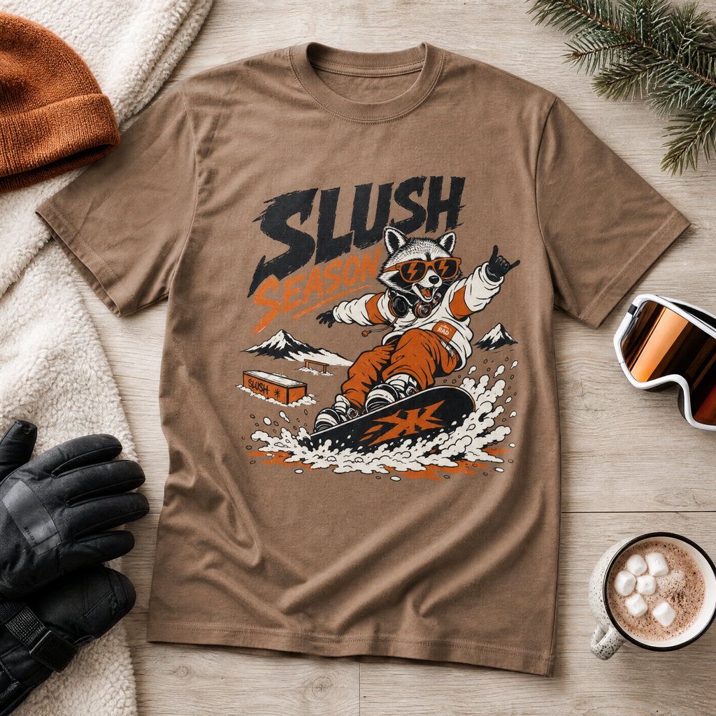 Espresso brown t-shirt with a graphic of a raccoon snowboarding and 'Slush Season' text, surrounded by winter accessories on a wooden surface.