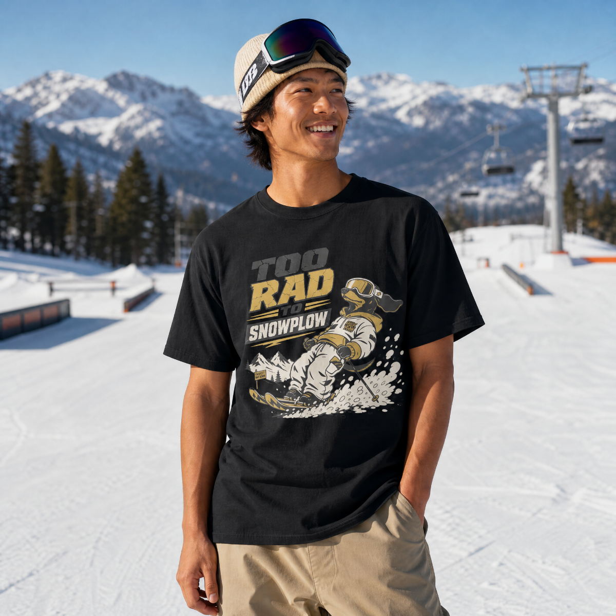 Person wearing a black t-shirt with graphic design in a snowy mountain setting