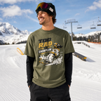 Man wearing hemp colored t-shirt with 'Too Rad to Snowplow' text printed on