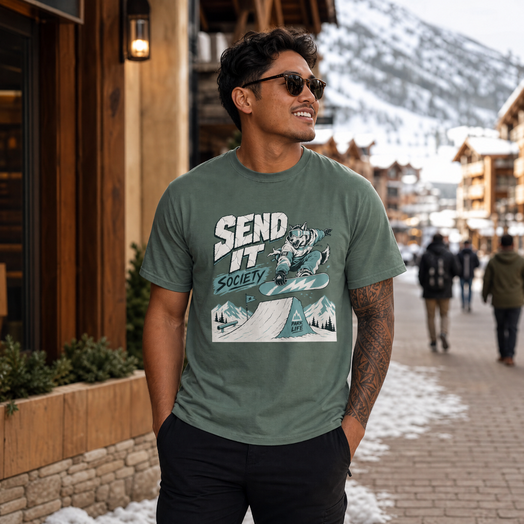 Man wearing a blue spruce green t-shirt with a graphic design in a snowy town setting