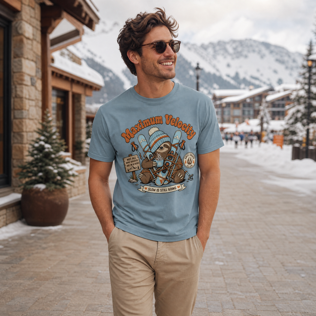 Man wearing a blue t-shirt with a sloth graphic in a snowy mountain town setting