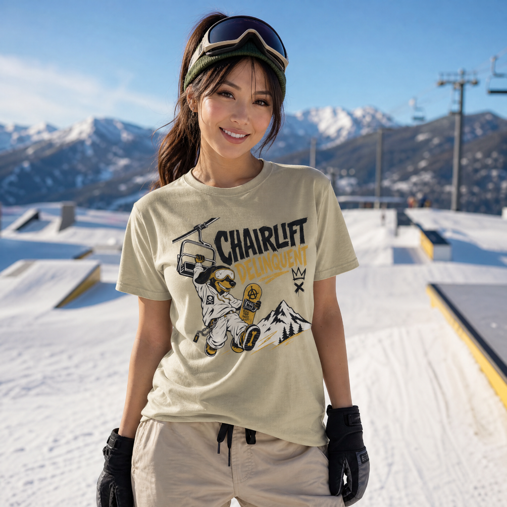 Person wearing a 'Chairlift Delinquent' t-shirt in a snowy mountain setting
