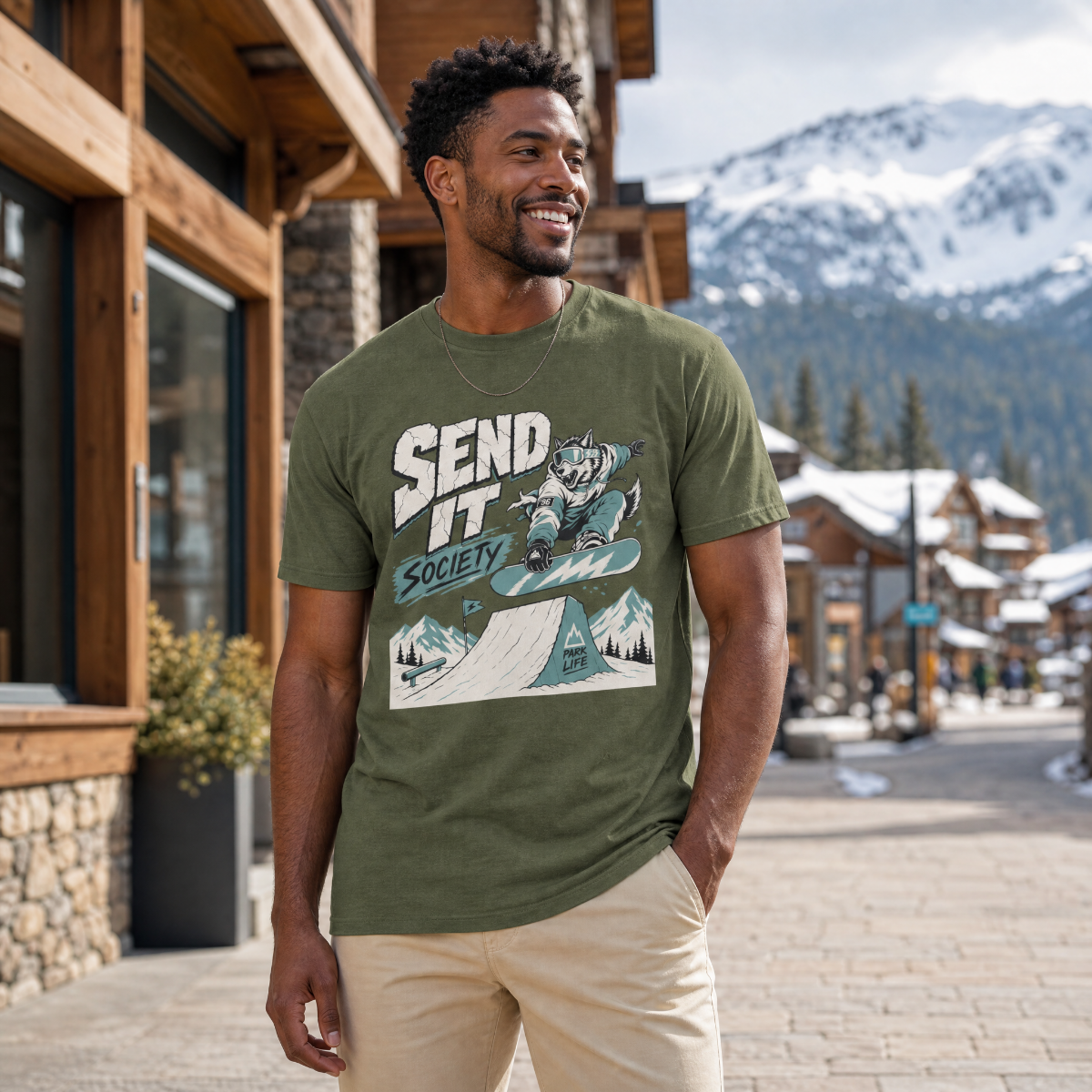 Man wearing a hemp green t-shirt with graphic design standing in front of a wooden building with mountains in the background