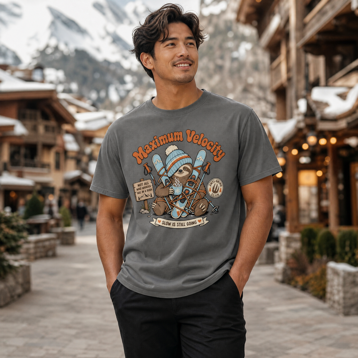 Man wearing a pepper gray t-shirt with a graphic design in a snowy village setting