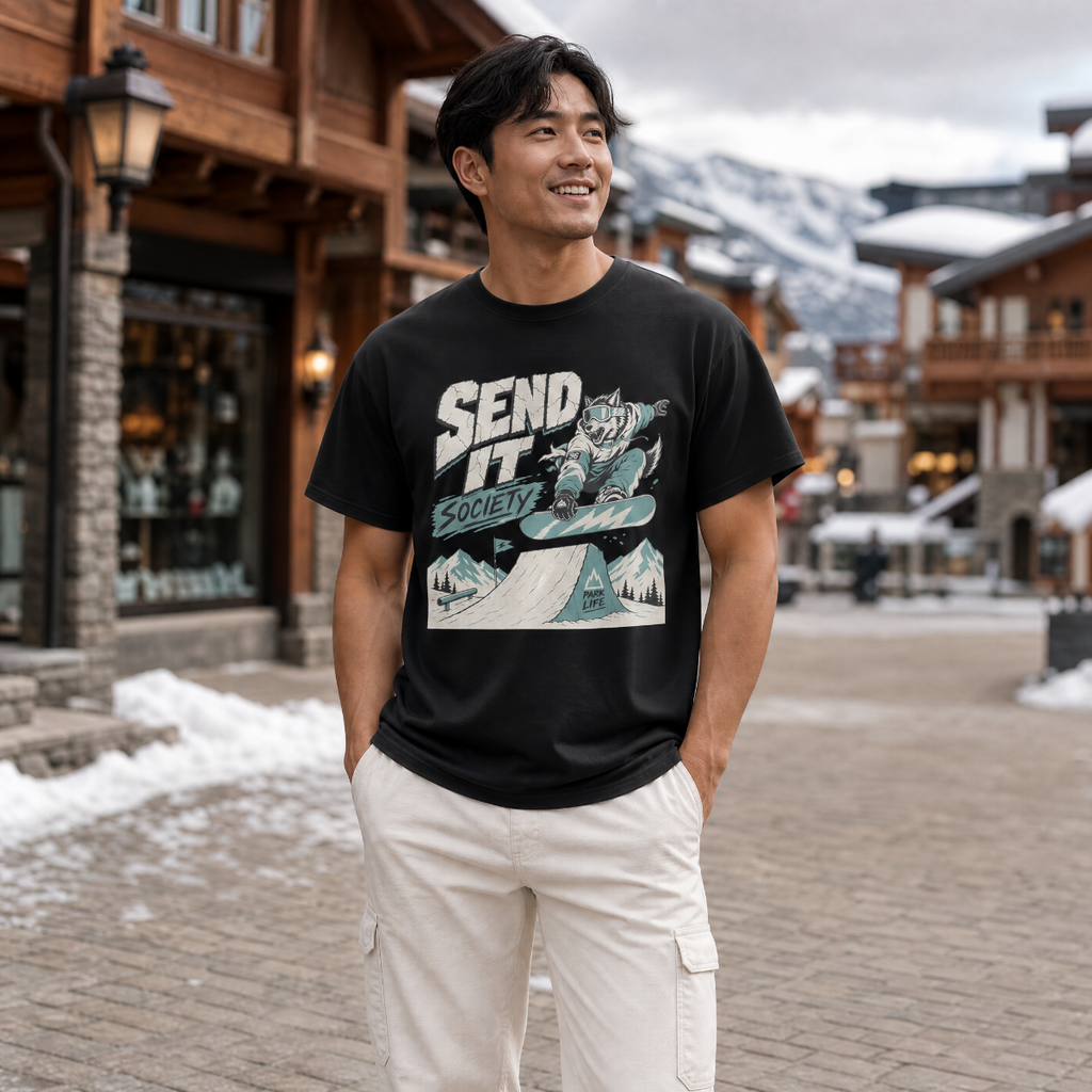 Man wearing a black t-shirt with graphic design in a snowy mountain village setting