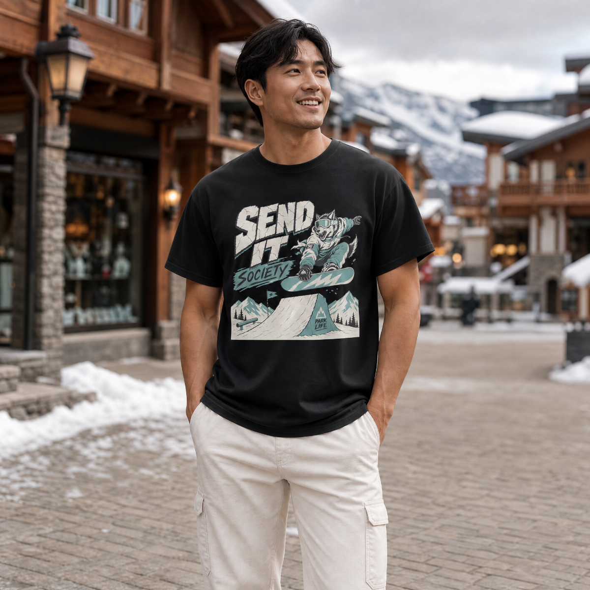 Man wearing a black t-shirt with graphic design in a snowy mountain village setting