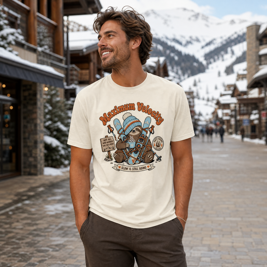 Man wearing a t-shirt with a sloth graphic in a mountain village setting