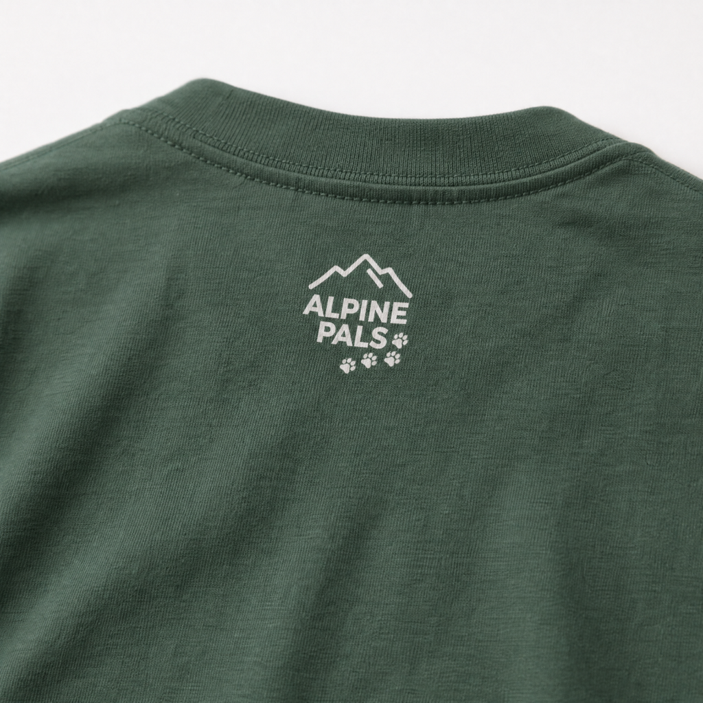 Blue spruce green t-shirt with 'Alpine Pals' logo on a white background