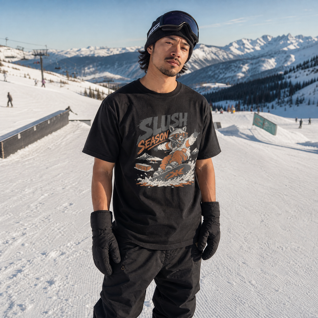 Person wearing a black t-shirt with a graphic design, standing on a snowy slope with mountains in the background.