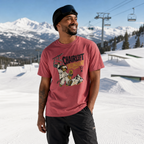 Man wearing a crimson red t-shirt with a graphic design in a snowy mountain setting