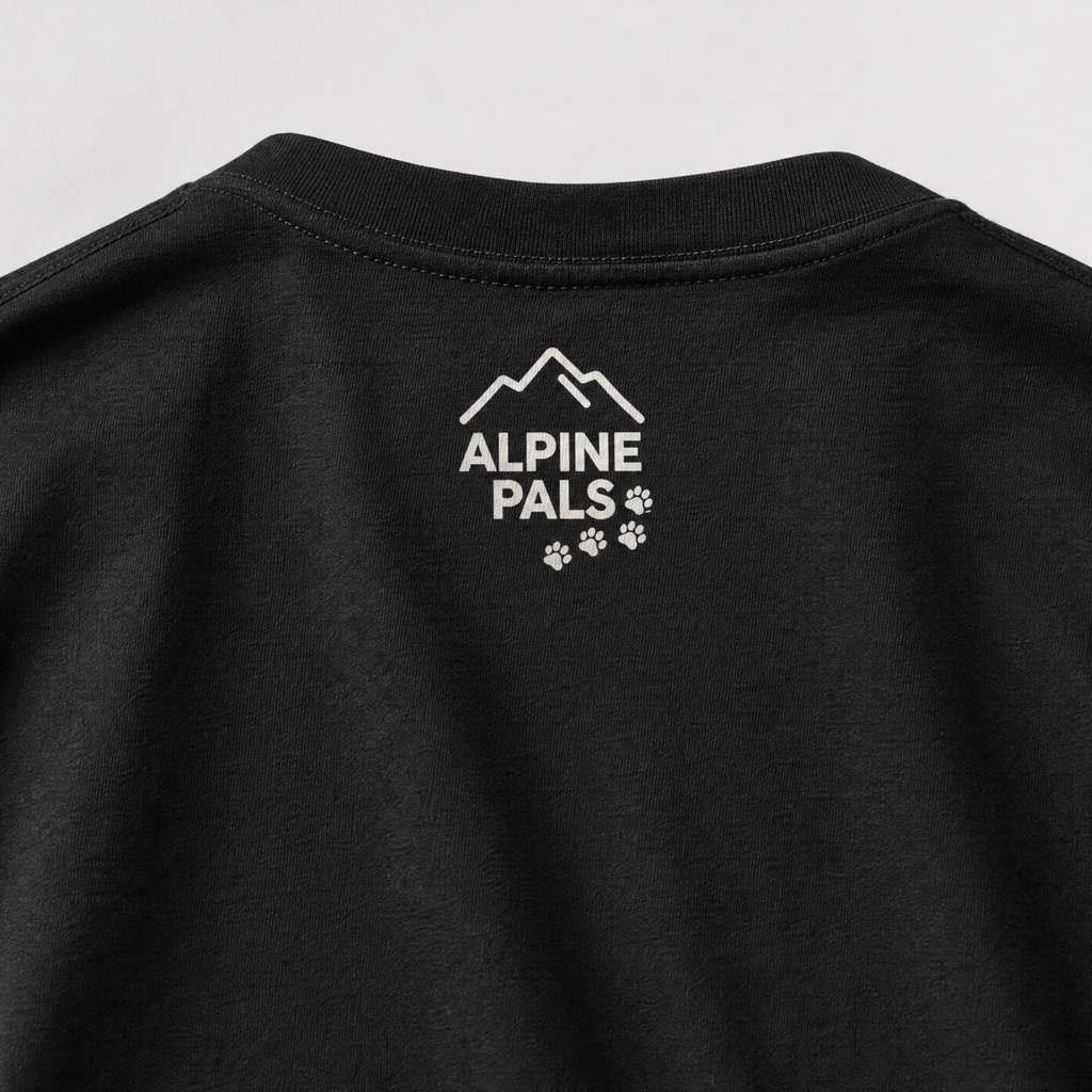 Black shirt with 'Alpine Pals' logo on a light gray background
