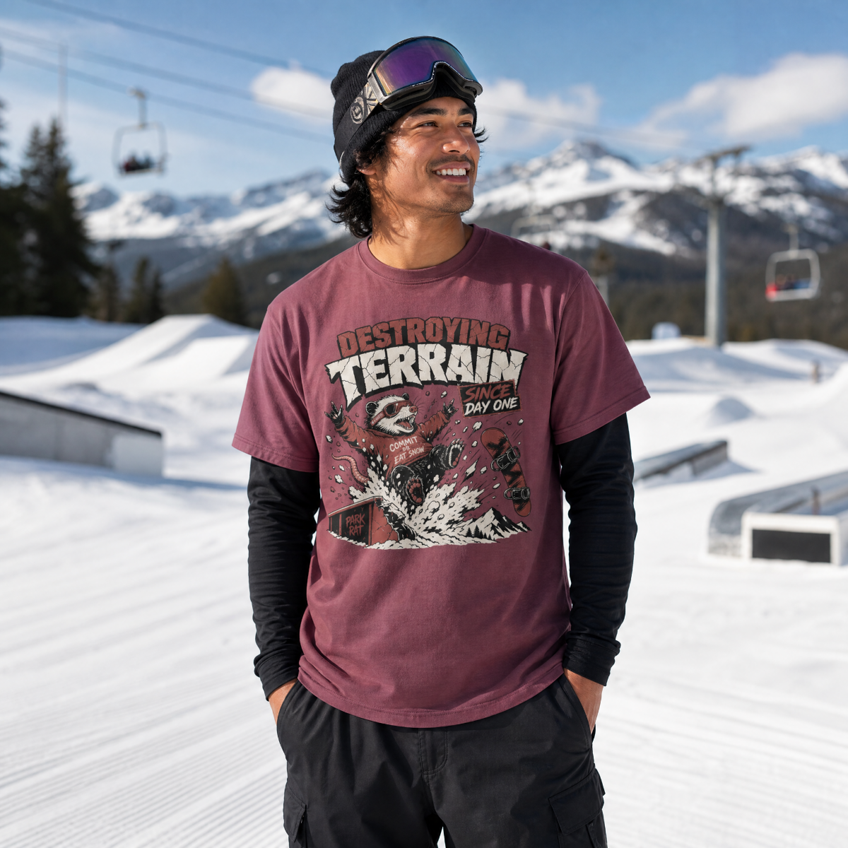 Person wearing a brick red t-shirt with graphic design in a snowy outdoor setting