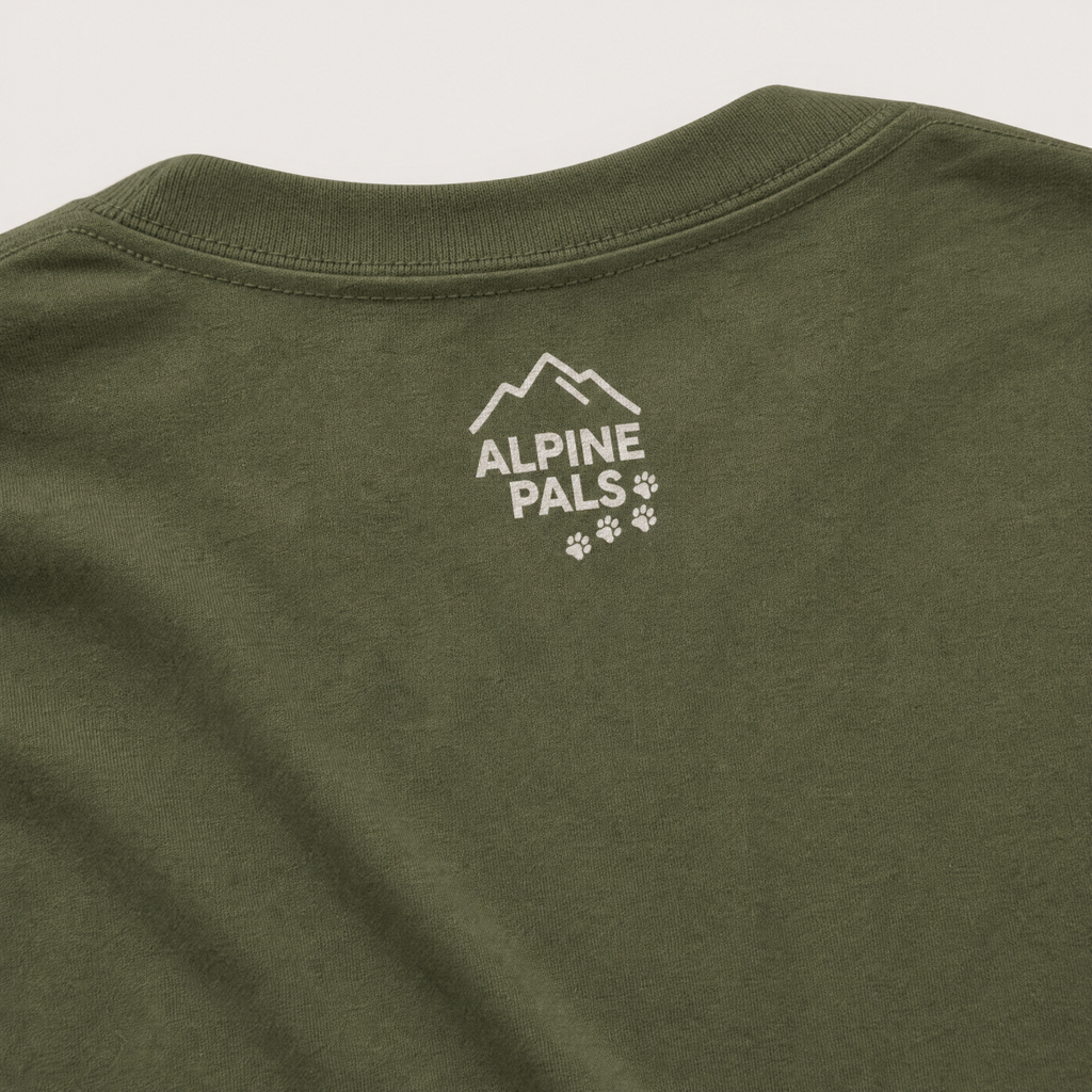 Hemp green t-shirt with 'Alpine Pals' logo on a light gray background