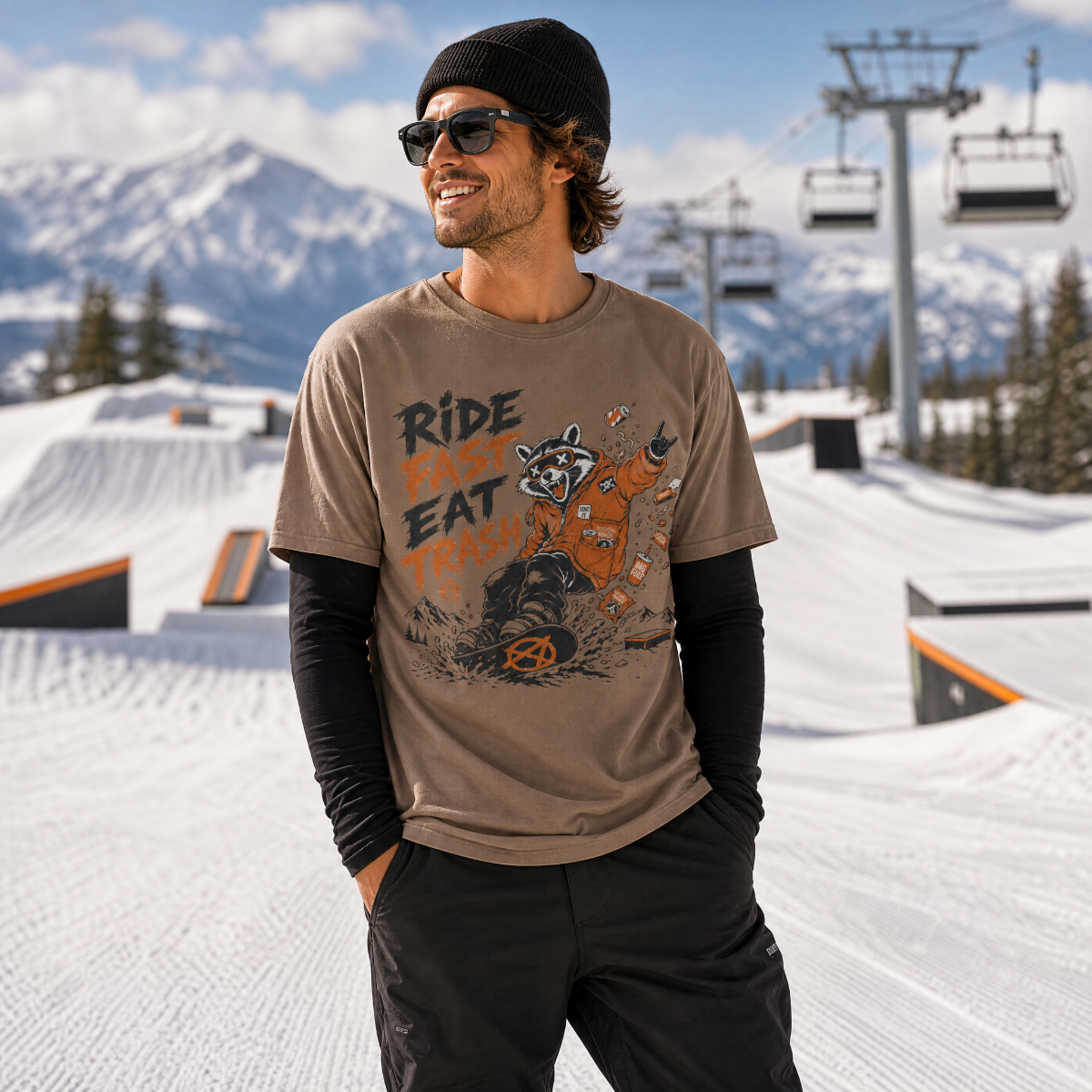 Man wearing a graphic t-shirt with a mountainous background