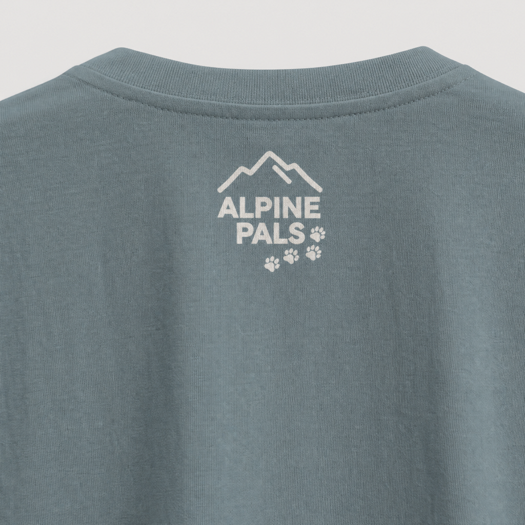 Ice blue colored shirt with 'Alpine Pals' logo on a light gray background